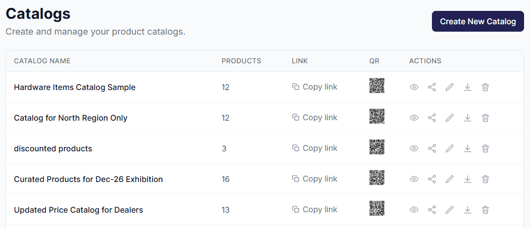 The list of catalogs in the dashboard